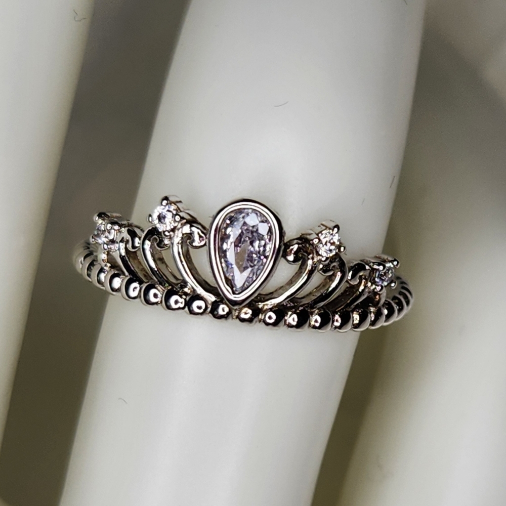 Sterling Teardrop Crown Ring with Clear Stone - Elegant Silver Band